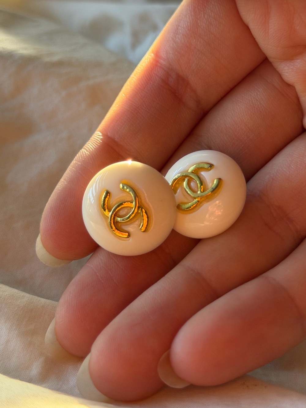 CHANEL Cream and Gold CC Button Earrings
